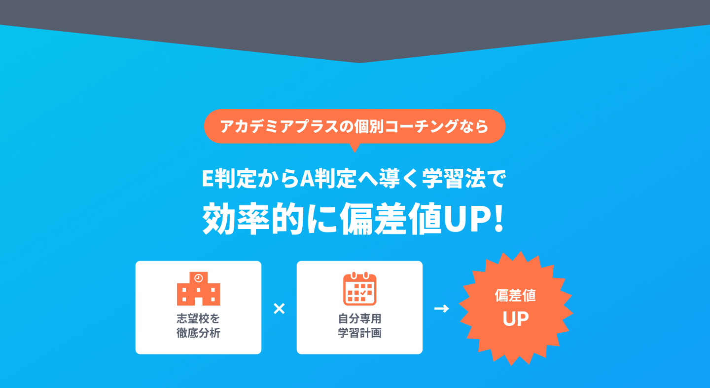 アカデミアプラスの個別コーチングならE判定からA判定へ導く学習法で効率的に偏差値UP!
志望校を徹底分析と
自分専用学習計画で偏差値UP
